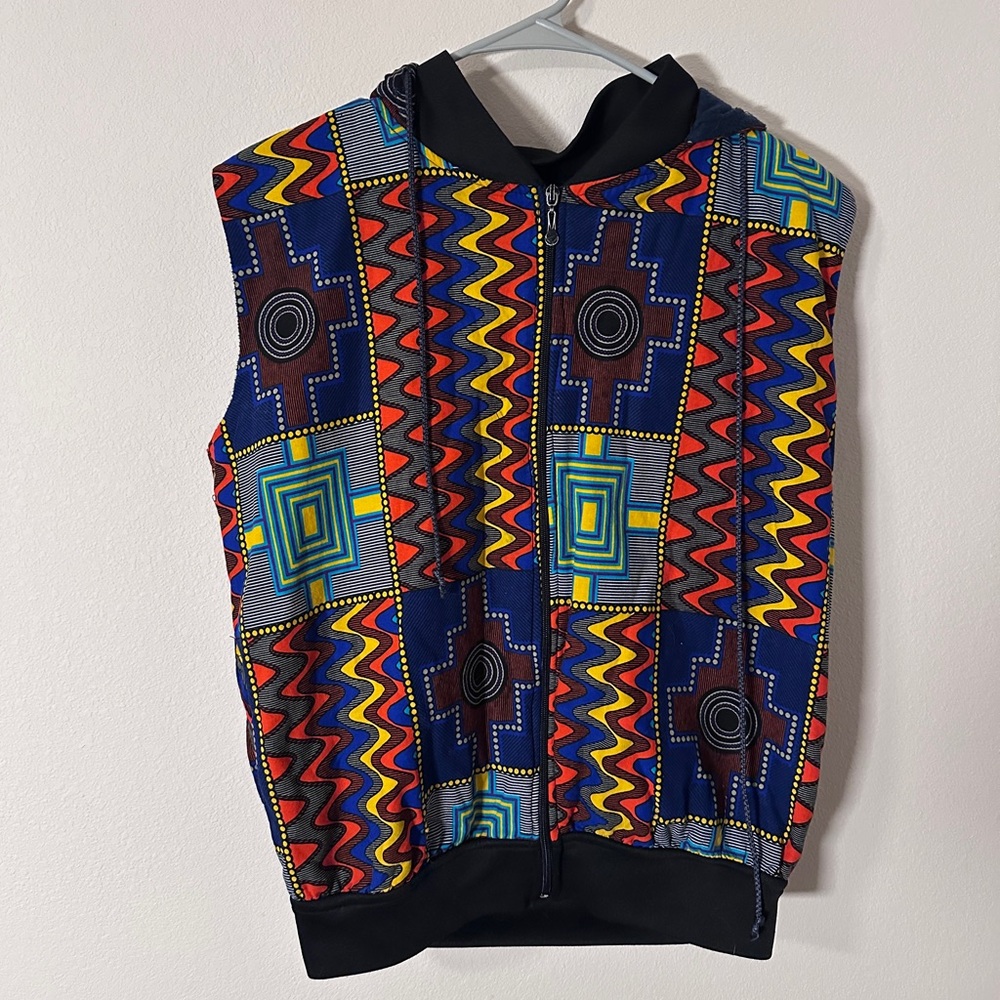 Vintage Colorful Geometric Patterned Vest with hoodie size small